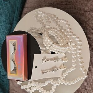 New 4Pc. Jewelry/3D Eyelash Bundle Faux Pearl Necklace, Bracelet,Earrings,Lashes